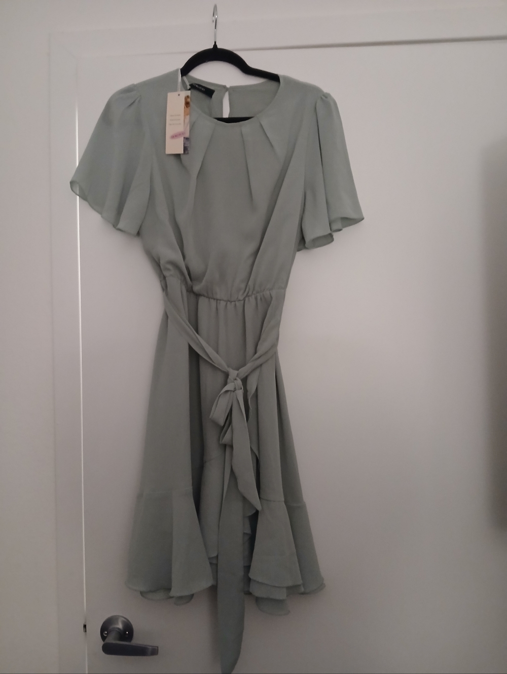 Elegant Sage Green Flutter Sleeve Dress with Waist Tie